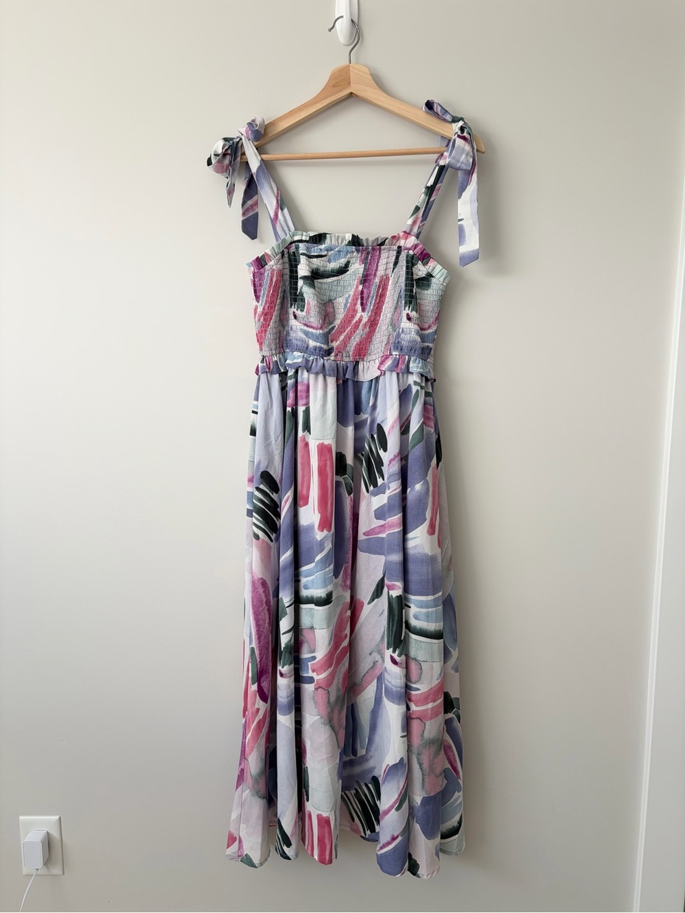 NWOT Smocked Tie-Strap Midi Dress in Pastel Abstract Print